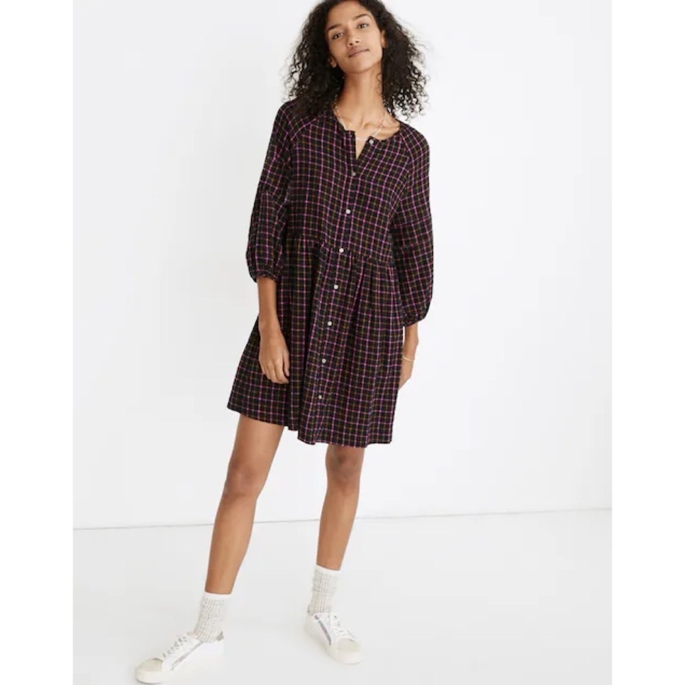 Madewell Plaid Flannel Raglan Button-Front Shirtdress Hol Tattersall Azalea